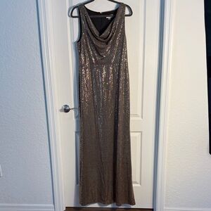Calvin Klein Metallic Bronze Sequin Cowl Neck Maxi Dress Size 12 NWT